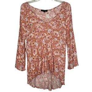 Rachel Zoe High Low Floral Boho Blouse with Bell Sleeves Size Small
